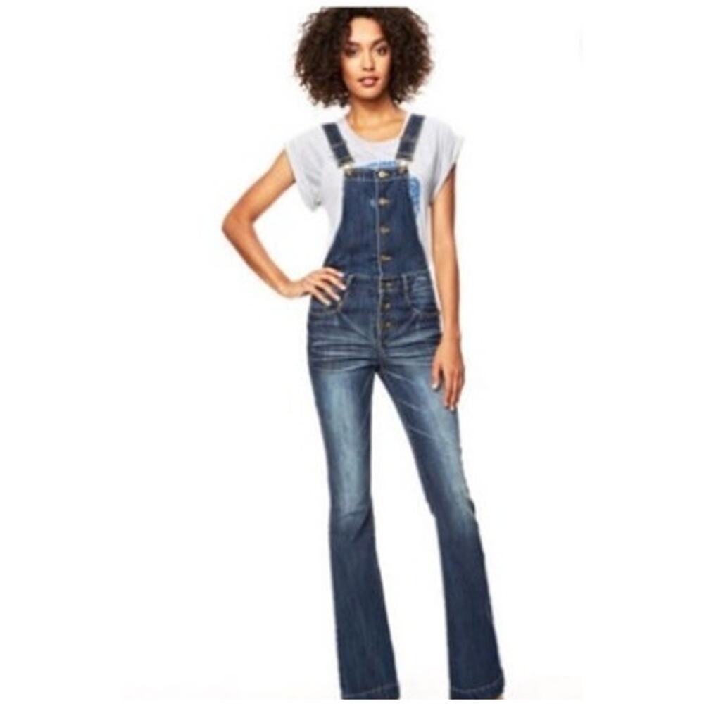 New Deadstock Women's Dollhouse Flare Leg‎ Overalls Dark Wash Size 7